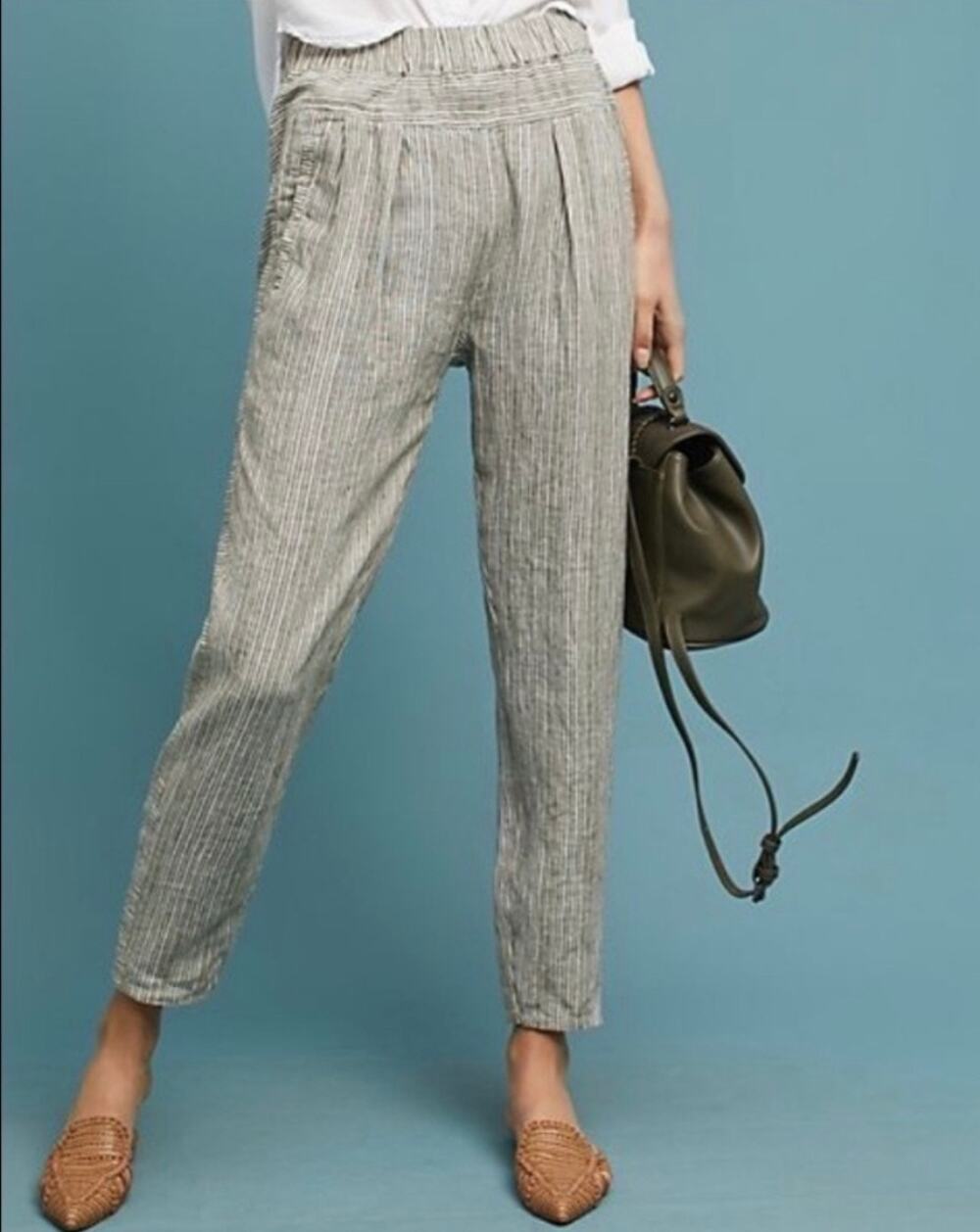 Anthropologie Linen Striped Pull On Pants Cropped Olive Medium Beach Resort Boho